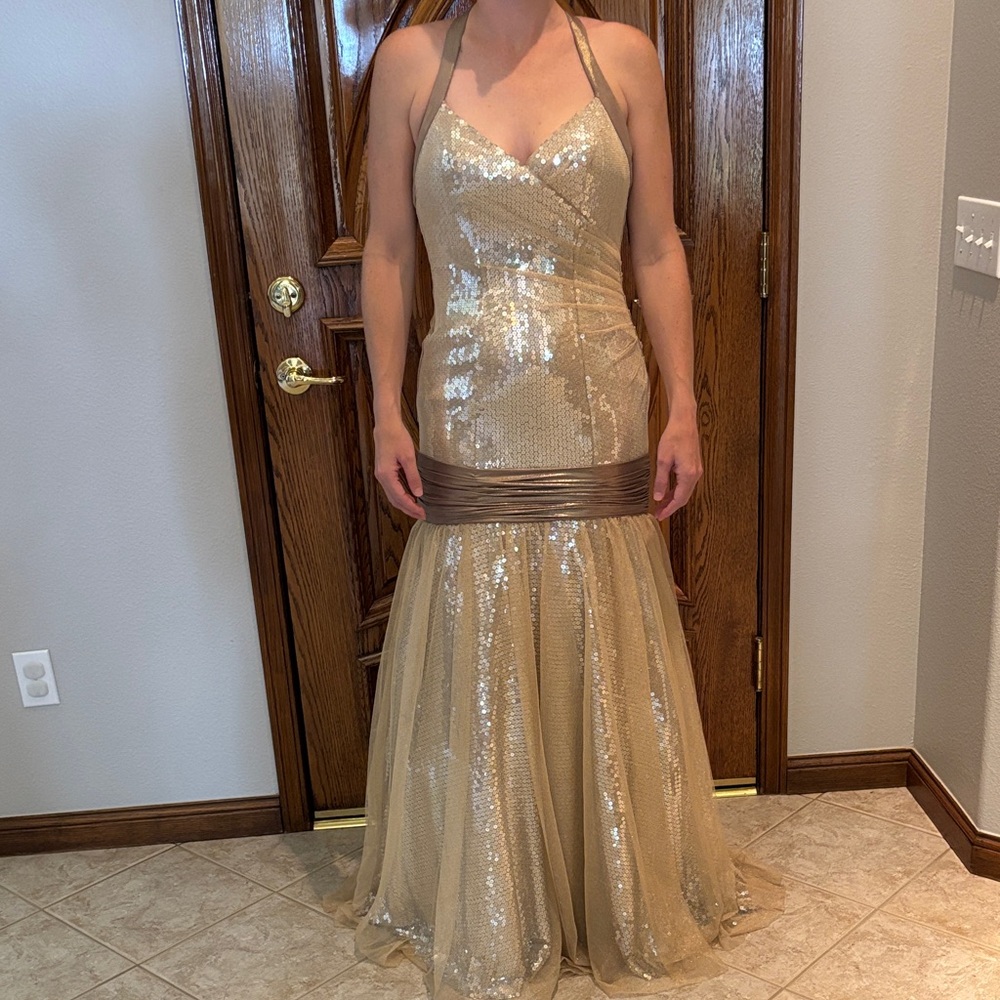 Maggie Sottero Gold Sequin Formal Dress